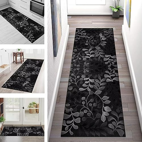 Teppich Läufer Lang Flur Küche rutschfest waschbar Korridor Tepiche Küchenläufer 60X150CM Schwarz Grau Teppichläufer Matte Meterware Kücheteppich Schlafzimmer Wohnzimmer Flurmatten Breit 40-120cm