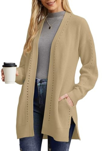 PrinStory Cardigan lungo da donna lavorato a maglia cardigan con tasche aperto sul davanti oversize maglieria morbida calda fidanzato maglioni cardigan, cachi, M