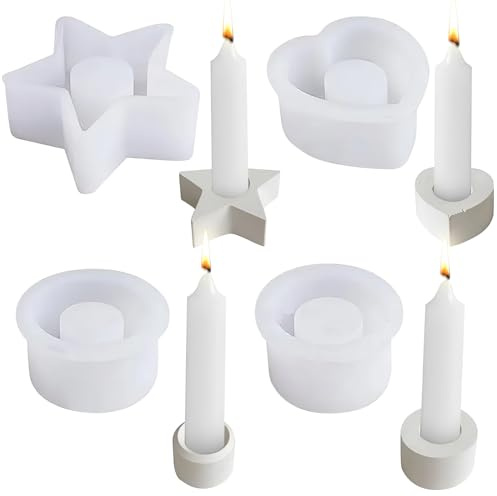 XINRANFF Silikonformen Gießformen, 4 Stück Silikonform Kerzenhalter, Gießform Silikonform Stabkerze Runder Stern Herz für DIY Kerzenständer Kunst Heimdekoration weihnachten