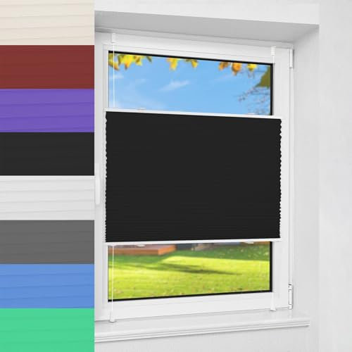 Plissee ohne Bohren Verdunkelung 100 x 200 cm Verdunkelnd & lichtundurchlässig Wabenplissee ohne Bohren Bequeme Montage Inkl. Aller Montage-Teile für Fenster & Tür, Schwarz