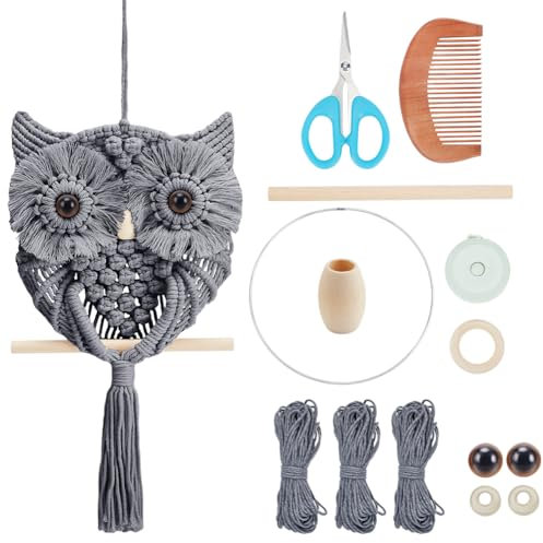 FREEBLOSS DIY Makramee Eulen Set, Makramee Wandteppich, Wandbehang, 90 m Baumwollschnüre, Makramee Set Für Anfänger Mit Video Tutorial, Makramee Wandkunst Für Schlafzimmerdekoration, Grau