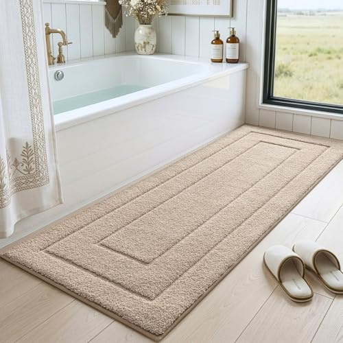DEXI Halkfri Badmatta, Mjuk Mikrofiber Badrumsmatta, Vattenabsorberande, Maskintvättbar, Extra Tjock Duschmatta för Badrum, 60 x 150 cm, Beige