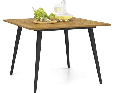COSTWAY 107cm Outdoor Dining Table, Square Acacia Wood Garden Table with Umbrella Hole, Metal Legs & Adjustable Foot Pads, All-weather Patio Bistro Coffee Table for Poolside Balcony