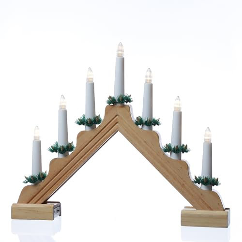 MARELIDA LED Fensterleuchter EMMA Schwibbogen mit 7 LED Kerzen Lichterbogen Adventsleuchter Weihnachtsbeleuchtung L: 39cm Batteriebetrieb Timer natur