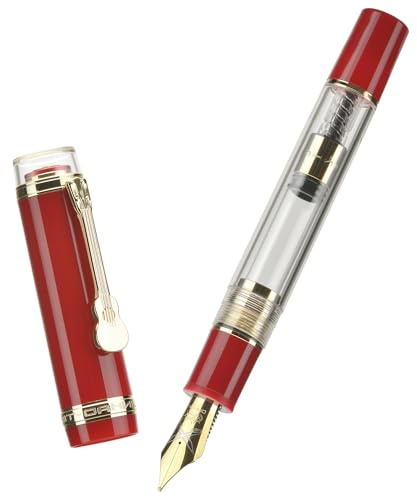 Jinhao 1935 Tiandao Füllfederhalter, Size 8 mittlere Feder, goldener Gitarrenclip, rotes und transparentes Acryl mit Konverter