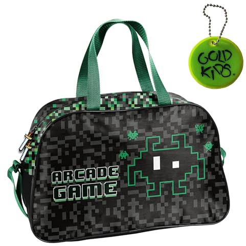 Goldkids - Sporttasche Kinder für Mädchen & Jungen - Umhängetasche mit Pixel Game Motiv - Schwimmtasche mit verstärktem Boden - Trainingstasche 40 cm x 25 cm x 15 cm