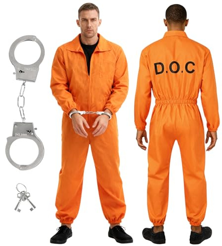 Mineup Gefängnis Kostüm Orange, Häftling Kostüm Herren, Classic Prisoner Overall mit Handschellen, Sträfling Gefangene Kostü Karneval Cosplay, Halloween, Costumes Erwachsenenkostü(165-180cm)