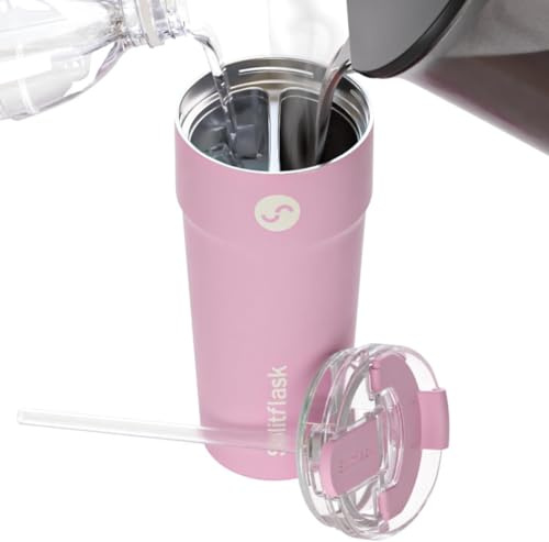 SplitFlask 2 i 1 Resemugg – 850 ml Dubbla Kammare Isolerad Kaffemugg, Läckagesäker Termosmugg i Rostfritt Stål, För Varma och Kalla Drycker, Resevänlig, Passar Mugghållare, Kaffe- och Vattenflaska