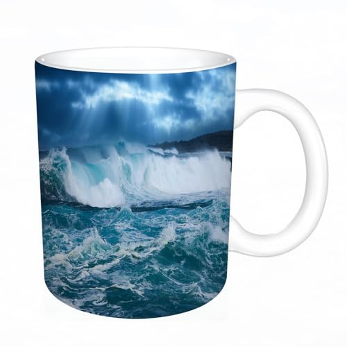 YFHJV Coffee Mug Funny Mug,Dark Clouds and Crashing Ocean Waves During Storm in The Atlantic Ocean,Tea Cup Cup Gift Birthday Work Office Christmas Printed Coffee Cup 11Oz Cups 330ml Large Coffee Mug