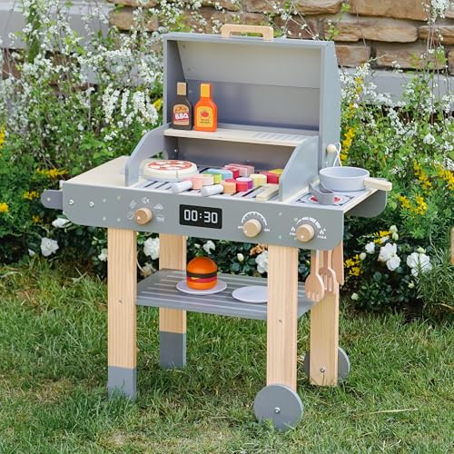 Leeshyah Wooden Kids Grill Playset – Realistic Play Barbecue Set with Grilling Tools and Foods – Pretend Grill Toy for Kids Ages 3+
