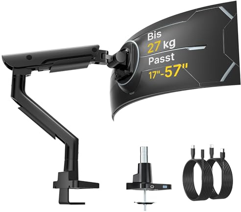 monTEK Elegante braccio per monitor in alluminio per schermi ultrawide da 17-57 fino a 26,9 kg, USB 3.0 A/C, supporto da scrivania per monitor singolo, sollevamento pneumatico, piastra a sgancio