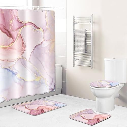 Badgarnitur 3 Teilig Badezimmerteppich Waschbar Badematte rutschfest,Wc Vorleger Mit Ausschnitt Und Badematte, Badvorleger Toilette Teppich 45X75Cm Rosa Marmor