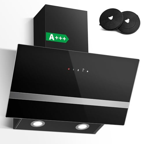 SNDOAS Hotte Aspirante inclinée 60 cm, Hotte de Cuisine en Verre Trempé, Classe Énergétique A+++, 400 m³/h, 3 Vitesses + Mode Booster, Écran Tactile LED, Evacuation ou Recyclage, Noire