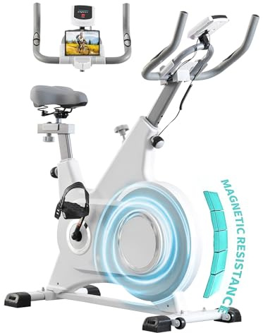 BSTSEL Magnetic Resistance Exercise Bike with LCD Display: Quiet Indoor Cycling Bike with Adjustable Resistance, Comfort-Contoured Seat & Heavy-Duty Flywheel for Home Cardio Training (White)