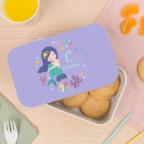 Wanapix | Fiambrera Infantil Personalizada | Caja Merienda con Nombre | Colegio/Guardería | Fiambrera para Niños | Con Cubiertos | Sin BPA | 1 Litro | Sirenas