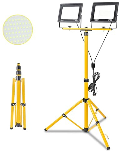 Fynokst 200W Led Baustrahler, 20000LM Superhelle Arbeitsleuchte mit Verstellbarer Stativ und 3m Kabel EU Stecker, Arbeitsscheinwerfer Wasserdicht IP66 für Garage Werkstatt Baustelle, Kaltweiß