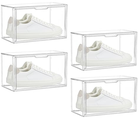 MAKA Vetrina Espositiva Trasparente Impilabile con Sportello Magnetico – Scatole Porta Scarpe Modulari fino a EU 46, Vetrinetta Anticaduta Salvaspazio per Collezionismo (36 x 26 x 20h cm, 4, Unità)