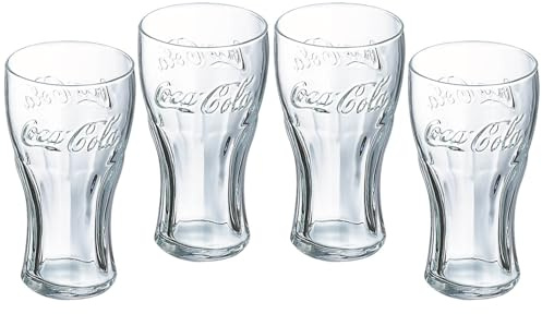 UNIQUE HOME LIVING Highball Drinking Tumbler Glasses Set of 4, 570ml Official Coca Cola Contour Glasses, Retro Highball Glass for Coke, Soda, Water, Gin & Juice - Includes 2ply Paper Napkins