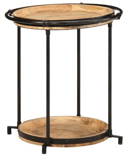 HETFTJN Beistelltisch 55x60 cm aus massivem Mangoholz und Eisen, runder Couchtisch mit 2 Ebenen, Industrial-Design, platzsparend für kleine Balkone, Garten und Wohnzimmer