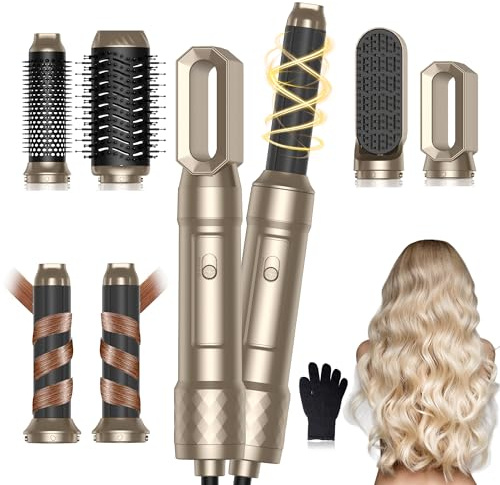 6-i-1 blåsborste Airbrush - Airstyler med hårtork, blåsborste, Airflow hårlocktång, värmande Thermal Brush, plattång för hår (glänsande guld)