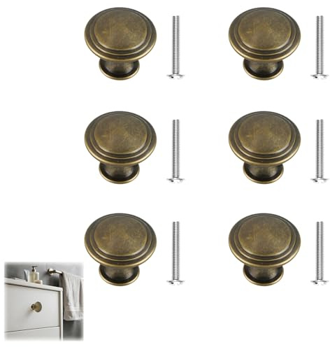 Antique Brass Cabinet Knobs 6 Pcs, Vintage Drawer Handles Copper Round Cupboard Knobs 30mm Antique Style Kitchen Cupboard Handles Zinc Alloy Wardrobe Door Knobs with Screws for Cupboards Drawe