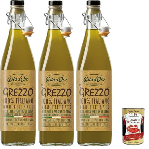 Italian Gourmet bundle, Costa d'oro, Lot Huile d’Olive Vierge Extra Non Filtrée “Il Grezzo” 3 x 750 ml (Italie, extraction à froid, goût intense) + Italian Gourmet Polpa