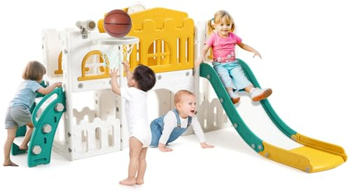 8-in-1 Toddler Climbing Frame and Slide – Ages 1-3, Kids Indoor/Outdoor Play Set with Tunnel, Basketball Hoop & Safety Slide, Montessori Activity Playset for Garden & Home – Blue