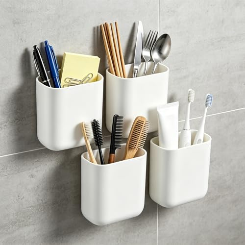 4 Stück Zahnputzbecherhalter Ohne Bohren, Zahnbürstenhalter Wand | ABS ZahnbüRsten Organizer mit Ablaufloch für Bad Küche, Weiß Aufbewahrungsbox für Kosmetik Fernbedienun（9x5.5x10cm）
