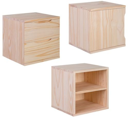 Lusimat Regalwürfel 32,5 x 32,5 x 30 cm | Würfelregal aus Kiefernholz | Organizer mit Tür, Schubladen oder Einlegeboden (Einlegeboden)