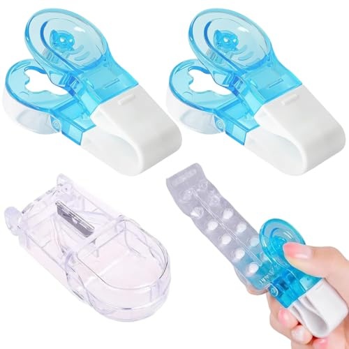 2 Extracteurs de Comprimés Bleus et 1 Coupe-Comprimés Transparent, Outil Pratique pour Médicaments à la Maison ou en Voyage