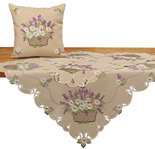 Quinnyshop Romantic Lila Lavendel Gänseblümchen Blumen Stickerei Mitteldecke ca. 60 cm Rund Polyester, Beige