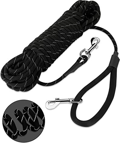 HAPPY HACHI Schleppleine für Hunde, Reflektierend Schleppleine Hundeleine mit Handschlaufe & 2 Karabinerhaken, Robuste Geflochten Trainingsleine für Kleine bis Große Hunde (Schwarz, 10m)