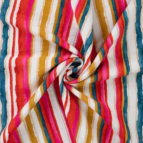Viskosestoff - Retro Streifen, Rot/Blau/Senf/Rosa als Meterware zum Nähen, 50 cm