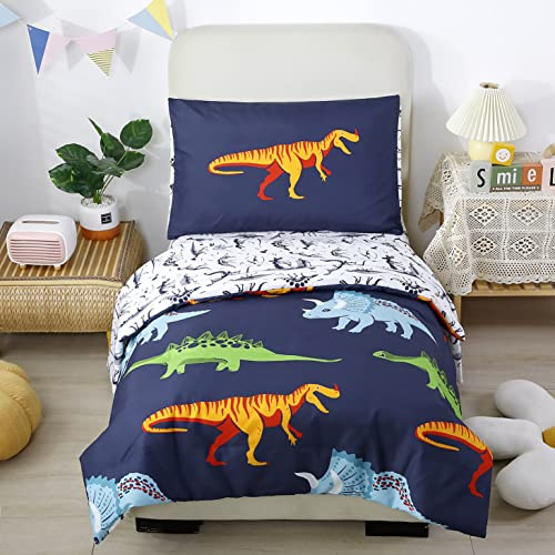 STYHO Cartoon Dinosaur Print Duvet Cover Sets Dark Blue Animal Pattern Quilt Bed Cover Reversible Single Size Bedroom Collection for Boys Children Kids