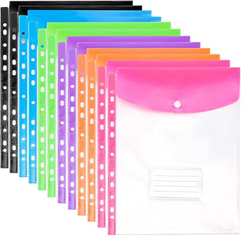 PINGEUI 24 PCS A4 Punch Pocket, Hole Punched Plastic Wallets with Label Pocket Plastic Binder Wallets for Home, Office and Business Trip, 6 Colors