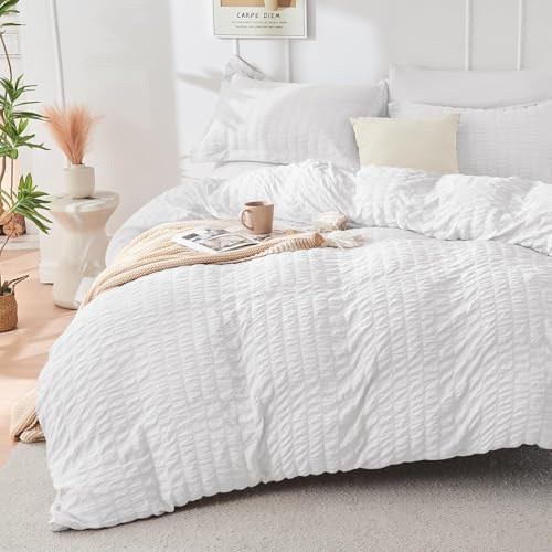 HYMOKEGE Parure de lit en seersucker, Housses de Couettes, Blanc, Grand Lit