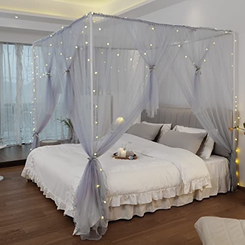 Vpory Betthimmel-Vorhänge – 4 Ecken, Pfostenbetthimmel-Vorhänge für Mädchen und Erwachsene, Betthimmel, Moskitonetz, Schlafzimmer-Dekoration, Zubehör, Grau, volle Größe/Queen-Size-Größe