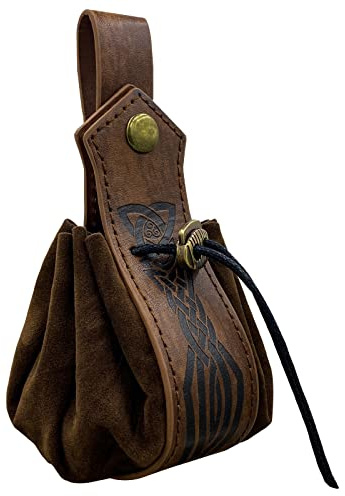 HiiFeuer Medeltida fodral med dragsko i konstläder,Retro nordisk bärbar myntväska,Vintage bälte Pouch tärning väska för LARP Ren Faire(Svart C)(Brun A)