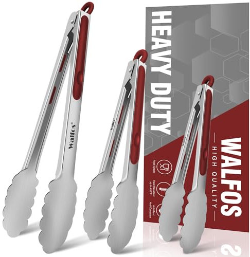 Walfos Edelstahl-Küchenzangen zum Kochen, 17,8 cm, 22,9 und 30,5 cm, robuste Metallzange zum Kochen, Grillen, Set mit 3 Küchenzangen in Lebensmittelqualität, rutschfester Griff (Weinrot)