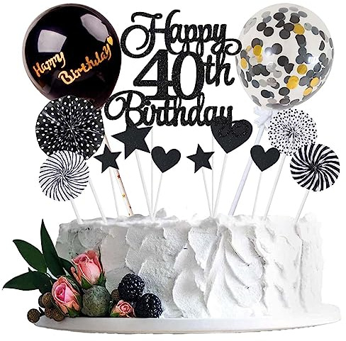 Décoration de gâteau 40e anniversaire noire pour homme et femme – Happy Birthday 40 décorations de gâteau à paillettes – Décoration de gâteau 40 ans – Décoration de gâteau Happy 40th Birthday