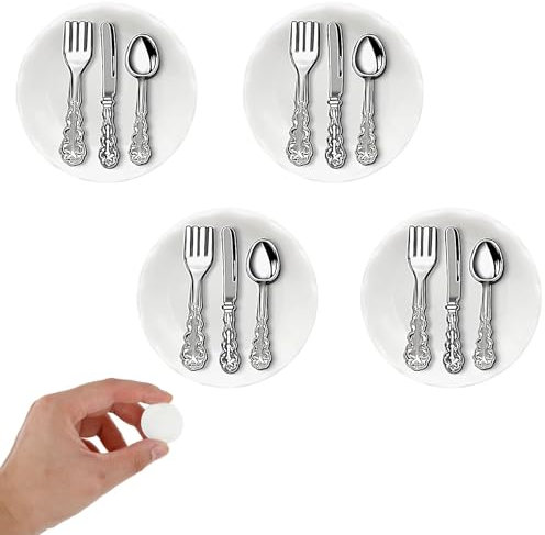 TIESOME Puppenhaus Küchenzubehör Set, 4 Stück Miniaturteller mit 8 Stück Mini Metallgeschirr Porzellanteller Modell 1:12 Puppenhaus Küchendekoration für Rollenspiele