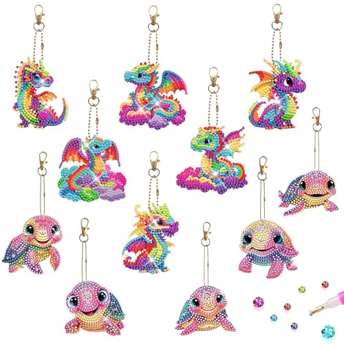 DNWFZ Diamond Painting Portachiavi 11 Pezzi 5D Portachiavi Diamond Painting Drago Diy Portachiavi Pittura Diamante Fai Da Te Tartaruga Decorazione Disegno Borsa Borsetta per Bambini Adulto Donna