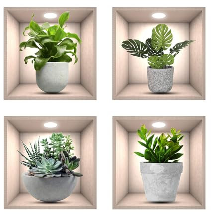 Adesivi Murali Piante, 4 pz Realistico Verde Pianta In Vaso Impermeabile Wall Art Adesivi 3D Vinile Rimovibile Wall Sticker per Soggiorno Camera da Letto Bagno Cucina Decor Ufficio