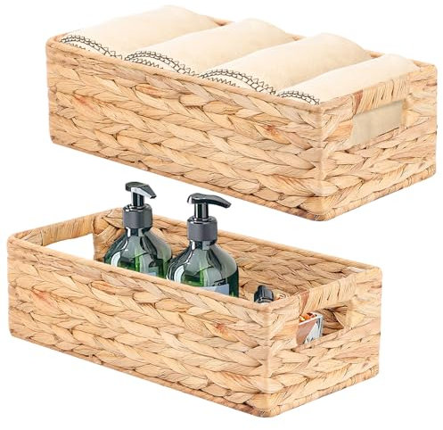 YheenLf aufbewahrungsbox, 2er-Pack Körbe (37x16.5x11cm/33x12.5x10cm), Korb geflochten, Stapelbare Regalkörbe, korb aufbewahrung für Schlafzimmer und Badezimmer, Schöner Baskets, Wasserhyazinthe