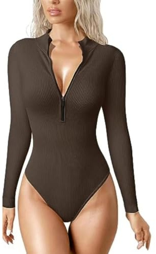 HSAJS Body Donna Maniche Lunghe Scollatura a Collo Alto Bodysuit Elegante Tops con Cerniera Casuale Elasticizzato Sottogiacca Tuta Jumpsuits