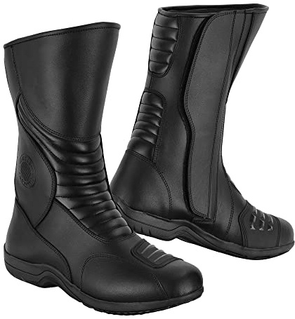 Vaster Moto Stivali da moto da uomo omologati CE (EN13634:2017) livello 2 scarpe da moto in pelle con calzature protettive alla caviglia lunga, Nero , 44 EU