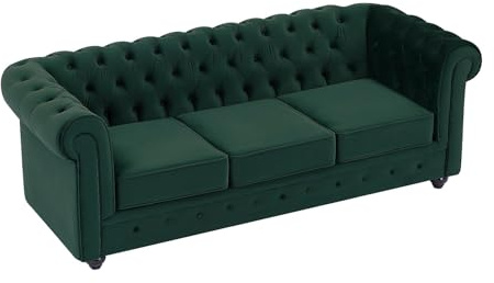 Vente-unique - Sofá Fijo 3 plazas Chesterfield - Terciopelo - Verde