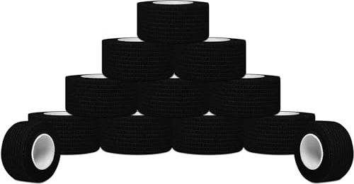 12 Rollos de Venda Cohesiva Negra Autoadhesiva 2,5 cm x 4,5 m | Banda Venda Cinta Vendaje Adhesiva Deportiva Elástica Tape Crossfit Dedos