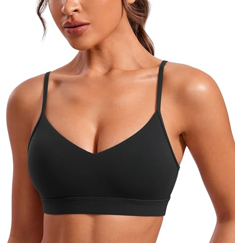 CRZ YOGA Butterluxe V-Neck Sports Bras for Women - Adjustable Thin Straps Padded Yoga Top Basic Wireless Camisole Black X-Large