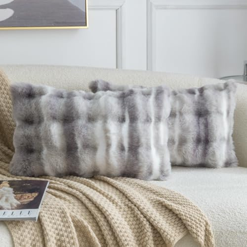 Madizz 2er Set Sanft Plüsch Kurze Wolle Samt Dekorativ Zierkissenbezüge Luxus Stil Kissenbezug für Sofa für Schlafzimmer Weiß Grau 30x50 cm